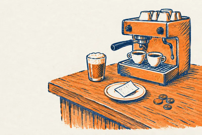 Cafetera de bar con dos tazas, una caña de cerveza y un platillo con monedas sobre una barra de madera