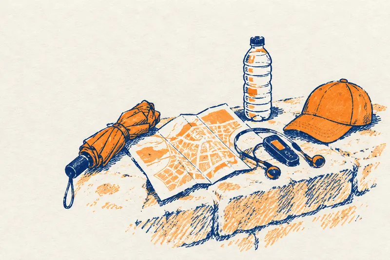 Paraguas plegado de guía, mapa de papel, botella de agua, auriculares de radioguía y gorra sobre un muro de piedra