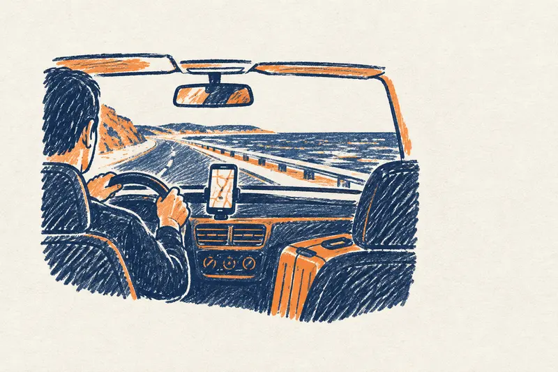 Interior de un taxi desde el asiento de atrás, con el conductor al volante y una maleta al lado, junto al mar