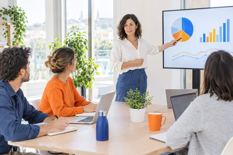 Una formadora señala una pantalla grande ante un grupo pequeño de empleados en una sala luminosa con plantas