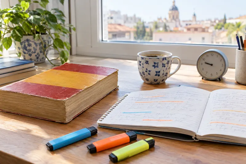 Un libro grueso, un cuaderno con apuntes, subrayadores de colores, un reloj de mesa y una taza de café en una mesa de estudio