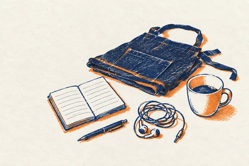 Delantal de camarero doblado, libreta abierta, bolígrafo, auriculares y una taza de café en la mesa de un restaurante