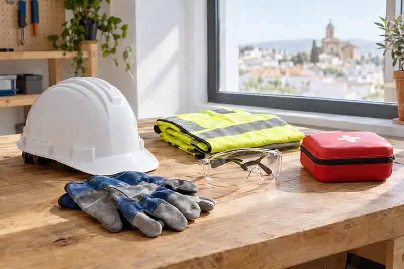 Casco blanco, guantes, gafas de protección, chaleco reflectante y un botiquín sobre un banco de trabajo junto a una ventana